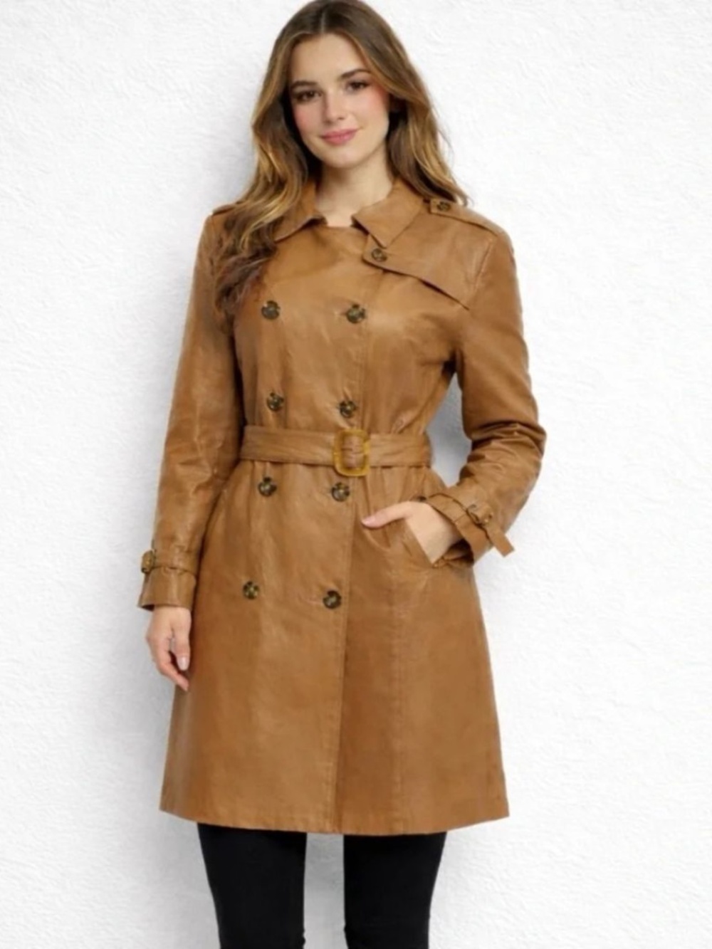 Terry Lewis Classic Luxuries Cognac Leather Double-Breasted Trench Coat